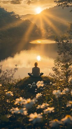 a person is sitting in the grass near water