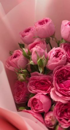 a bouquet of pink roses sitting in a paper bag