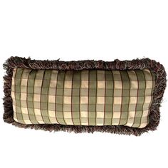 a brown and tan plaid pillow with fringes on the bottom, sitting on a white background