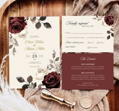 wedding stationery with burgundy and white roses