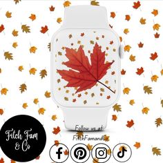 an apple watch with a red maple leaf on it and the words fall from & co below