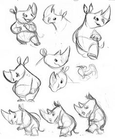 sketches of rhinos from different angles and sizes, including the nose, tail, head, and neck