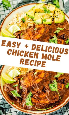 easy and delicious chicken molee recipe on a plate with limes, cilantro, and rice