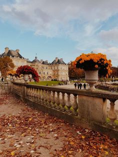 people are walking around in the park with autumn leaves on the ground