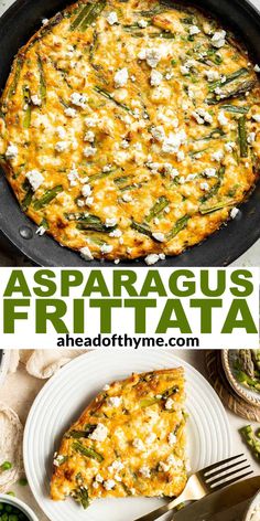 asparagus frittata in a cast iron skillet and topped with feta cheese