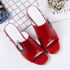 Item SpecificationUpper Material: Genuine LeatherHeel Height: 6cm/2.36''Toe: Open ToeFashion Element: Crystal Decoration Red Mules With Padded Heel For Party, Red Block Heel Wedge Sandals For Summer, Chic Red Mules For Party, Red Open Heel Mules For Evening, Chic Red Party Mules, Red Evening Mules With Open Heel, Red Open Heel Wedge Sandals For Spring, Spring High Heel Mules With Red Sole, Trendy Open Toe Sandals With Red Sole