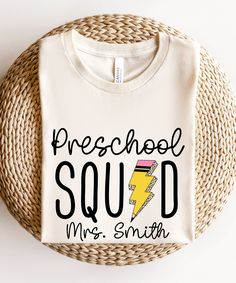 Show off your preschool pride with our Preschool Teacher Shirt. This retro-inspired tee is perfect for back to school, teacher appreciation, or any day you want to celebrate your role as a preschool educator. Join the Preschool Squad and make a stylish statement in the classroom! Product Description: ⇝ Bella and Canvas Brand Shirts ⇝ Unisex Adult Sizing ⇝ Rolled Sleeves in pictures are for styling purposes only ⇝ Props used in photos for are NOT included with purchase ⇝ Please consult the listin Preschool Staff Shirts, Preschool Teacher Tshirts, Preschool Tshirt Ideas, Preschool Shirts For Teachers, Preschool Back To School, Preschool Director, Prek Teacher, Preschool Teacher Shirts, Zebra Shirt