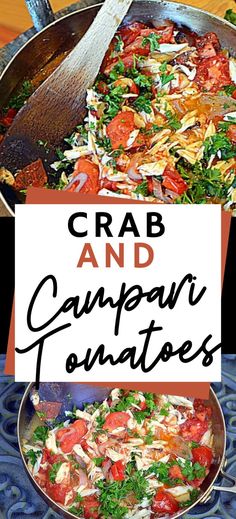 Collage of skillet full of crab and campari tomatoes. Campari Tomatoes, Tomato Appetizers, Fresh Tomatoes, Appetizers Easy, Easy Snacks, Quick Easy Meals, Easy Recipe, Finger Foods, Easy Recipes