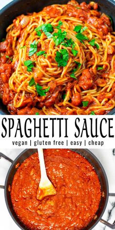 spaghetti sauce in a skillet with the words spaghetti sauce on it and an image of pasta