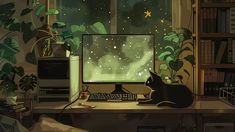 a black cat sitting in front of a computer on a desk next to a window