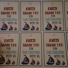 several tags with sail boats on them that say, thank you for sailing with us