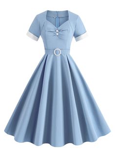 Housewife Dress, Retro Midi Dress, Button Style, Runway Dresses, Cocktail Evening Dresses, 50s Dresses, Blue Midi Dress, Sweetheart Neck, Party Dresses For Women