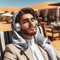 A white young Muslim Arab man with a beard and small mustache wearing headphones and Muslim can in a desert on chair closed eye relaxing create a cinematic look with best grading in a garden showing Arab culture Quran Thumbnail, Man Wearing Headphones, Small Mustache, Muslim Beard, Animation Characters Tattoo, Sleeping Man, Man With A Beard, Beautiful Dua, Animation Characters