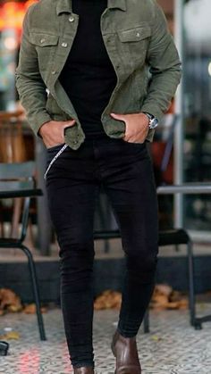 Dark Mens Fashion Casual, Olive Green Denim Jacket Outfit Men, Mens Outfits Chelsea Boots, Green Boots Outfit Men, Green Denim Jacket Outfits Men, Army Jacket Outfit Men, Green Jacket Outfit Men, Mens Casual Outfits Fall, Men Boots Outfit Casual