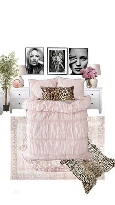 a bedroom with pink bedding, leopard print pillows and pictures on the wall above it