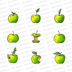 green apples with leaves on them are shown in different sizes and shapes, including the top one