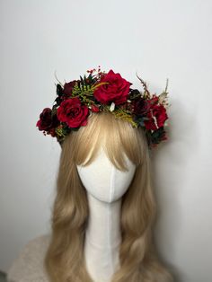 Red Flower Half Wreath Bridal Crown With Red Roses Burgundy Floral Crown Large Boho Crown Magaela Baby Shower Headband Wedding Headpiece - Etsy Baby Shower Headband, Shower Headband, Half Wreath, Red Flower Crown, Rose Headpiece, Sunflower Wedding Decorations, Boho Crown, Flower Headpiece Wedding, Crown Aesthetic