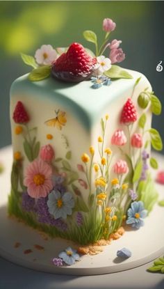 there is a cake decorated with flowers and strawberries