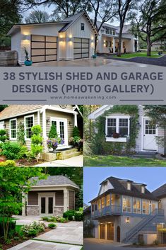 the front and side of a garage with steps leading up to it, and several photos of