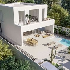 an artist's rendering of a modern house with pool and outdoor furniture in the foreground