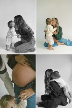 four different images of people and their babies in black and white, with one woman holding the baby's belly