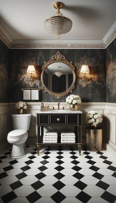 a bathroom with black and white checkered flooring, chandelier, toilet and mirror