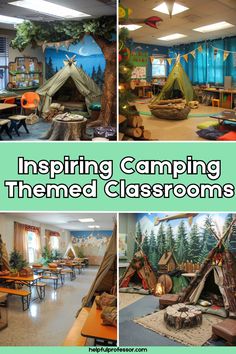 camping themed classroom with tents and tables