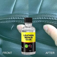 a hand holding a bottle of leather repair glue in front of a car seat with the words leather repair glue on it