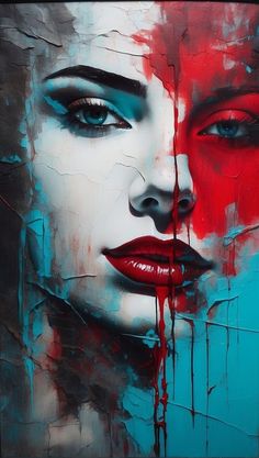 a painting of a woman's face with red and blue paint on it