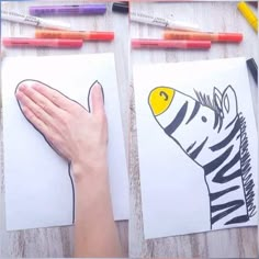 someone is drawing zebras on paper with crayons and pencils next to them