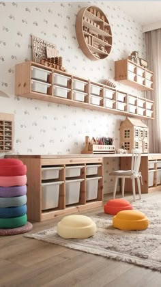 a child's playroom with toys and storage