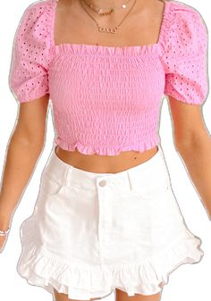 Cute Cotton Square Neck Tops, Casual Puff Sleeve Top With Ruffles And Square Neck, Cotton Smocked Top With Ruffles, Summer Cotton Puff Sleeve Top With Smocked Bodice, Trendy Cotton Smocked Top, Trendy Puff Sleeve Top With Ruffles And Square Neck, Trendy Cropped Cotton Smocked Top, Pink Cotton Smocked Top, Summer Solid Color Smocked Puff Sleeve Top