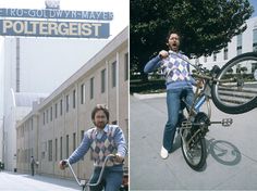 two photos, one with a man riding a bike and the other with a bicycle