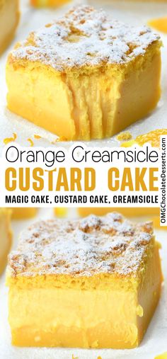 This Orange Creamsicle Custard Cake is loaded with a wonderful middle layer that’s soft and custard-like. The cake is soft, pillowy, and melt-in-your-mouth good. Lemon Custard Cake, Magic Custard Cake, Orange Dessert, Easy Dessert Recipes Quick, Lemon Custard, Custard Cake, Magic Cake, Dessert Cake Recipes, Orange Recipes