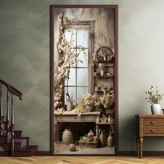 an open door leading to a room with flowers and vases