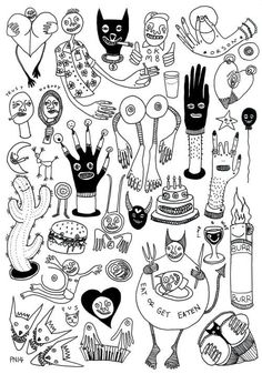 black and white drawing of many different objects