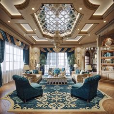 a living room filled with furniture and a chandelier hanging from the center ceiling