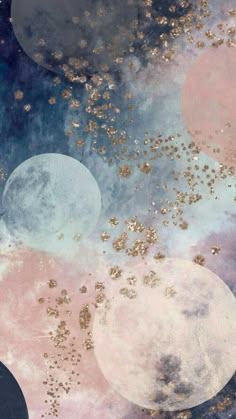 an abstract painting with gold glitters and moon in the sky above it is blue, pink, and white