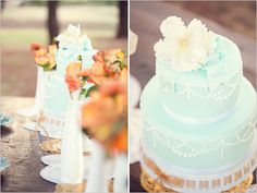 three different pictures of a wedding cake with flowers on the top, and an orange flower bouquet at the bottom