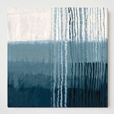 an abstract painting in blue and white with vertical stripes on the bottom half of it