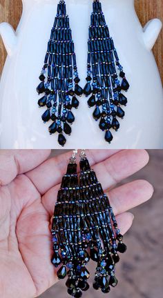 Super Long Earrings Boho Fringe Earrings Beaded Statement Earrings for Women Black Rainbow Earrings Black Faceted Beads Earrings For Party, Black Bohemian Earrings With Faceted Beads, Black Faceted Bead Drop Earrings, Black Faceted Beaded Drop Earrings, Handmade Black Crystal Earrings For Party, Fringe Ideas, Beaded Earrings Tutorials, Beaded Earrings Diy, Boho Fringe