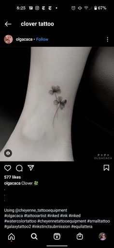 a small flower tattoo on the ankle is shown in black and white, with text below it