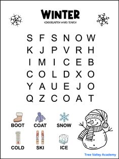 the winter word search is shown in black and white