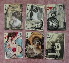 six playing cards with pictures of women and clocks on them, all in black and white