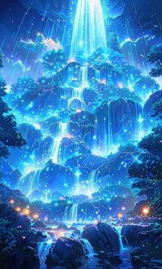 the waterfall is lit up with blue lights and stars in the sky, as if it were