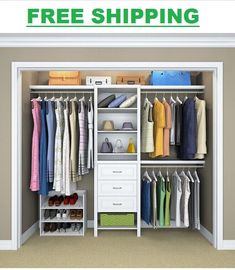 an open closet with clothes, shoes and other items in it that is free shipping