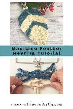 the macrame feather keyring is being made with yarn and crochet