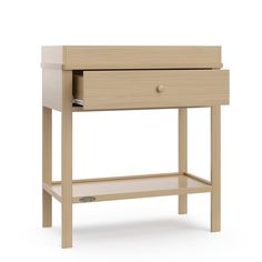 a small wooden table with two drawers on one side and an open drawer on the other