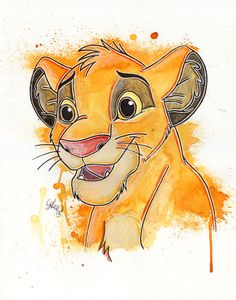 a watercolor drawing of a lion cub with its mouth open and eyes wide open