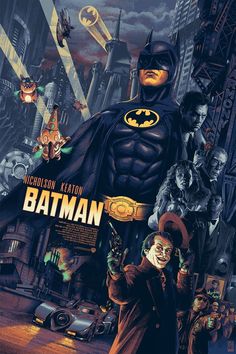 the batman movie poster is shown with many characters and their names on it's back